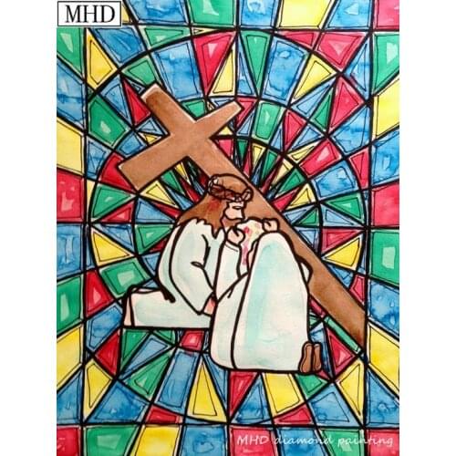 Jesus Cross Stained Glass Window 5D Diamond Painting Full Square DIY Embroidery Handmade Art Deco Religious Kit 60x80cm