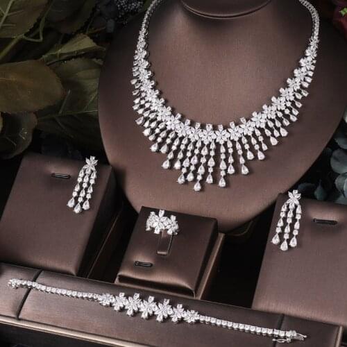 Janekelly 4pcs Bridal Zirconia Full Jewelry Sets For Women Party, Luxury Dubai Nigeria CZ Crystal Wedding Jewelry Sets