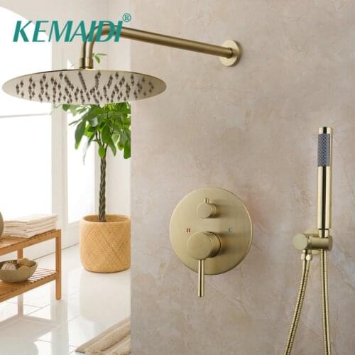 KEMAIDI 10 Inch Shower Faucet Set Round Shower Head Wall Mounted Rainfall Shower Set Hand Shower Mixer Faucet Set Nickel Golden