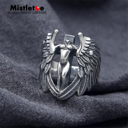 Genuine 100% 925 Sterling Silver Vintage Punk Locomotive Headless angel With Wings Ring For Women Men Fashion Jewelry