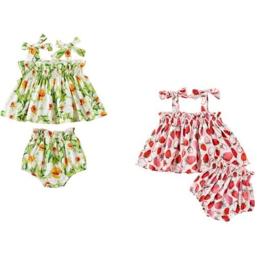 Citgeett Summer Kids Girls Two-Piece Set Sweet Strawberry Flower Lace-up Suspender Top and Elastic Waist Short Pants Set