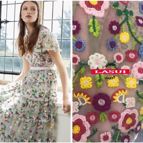 LASUI NEW 1y=1 lot High-end small plum mesh color cotton thread embroidery lace fabric good-looking diy for dress skirt X0365