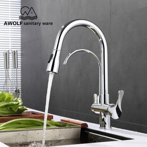 Kitchen Faucet Silver Dual Spout Pull Out Kitchen Sink Single Hole Swivel 360 Degree Hot&Cold Kitchen Faucet Water Mixer SD1013