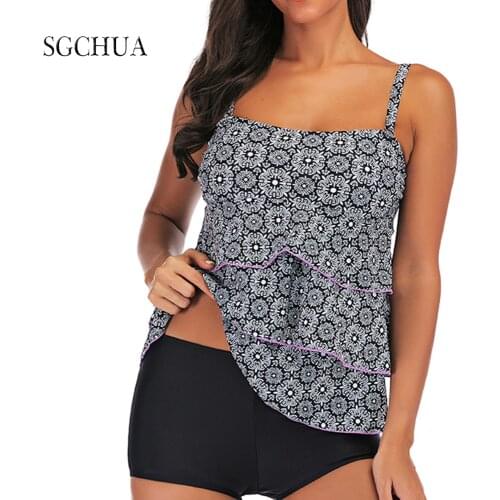 Large Size To 5XLSwimsuit With Flouce Two-Piece Suits Gray Flowers Purple LaceTop With Solid Black Short Tankini Swimsuits Women