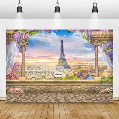 Laeacco Balcony Flowers Arch Muntains Blue Sea View Photography Backdrops Vinyl Custom Photo Backgrounds Props For Photo Studio