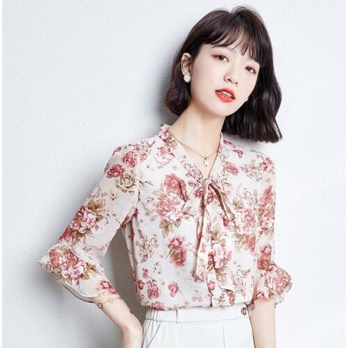 Summer Womens Blouses V-neck Chiffon Shirt Fashion Bowknot Short Sleeve Printed Womens Tops Blusas Femininas
