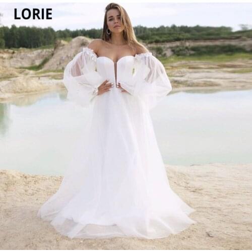 LORIE Beach Wedding Dresses Sweetheart Off the Shoulder Long Puff Sleeves A-Line Simple Wedding Gowns Corset Bridal Dress 2021