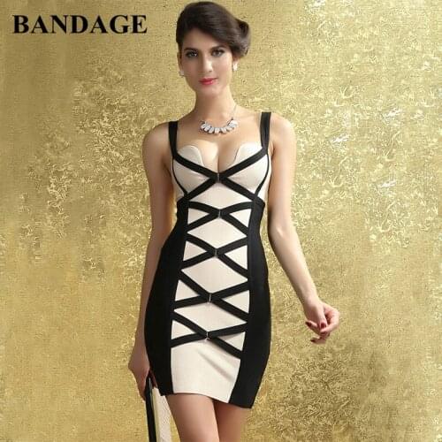 Patchwork Women Bandage Dress Sexy Spaghetti Strap Mini Dresses Celebrity Party Club Bodycon Vestidos HL