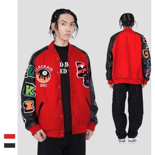 Fashion Hipster Streetwear Autumn Winter Retro Embroidered Personality Flocking Armband Loose Coat Men and Women Baseball Jacket