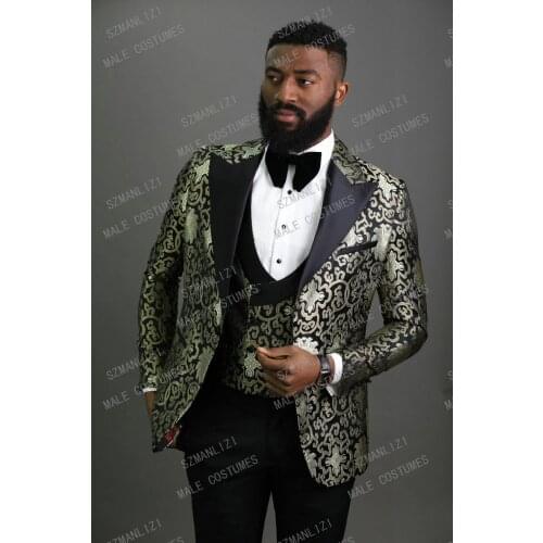 2020 Peaked Lapel Slim Fit Black Gold Jacquard Smoking Tuxedo Groom Dinner Party Suit Men 3 Piece Wedding Dress Best Man Suit