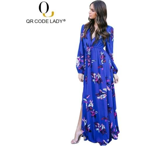 QR Spring Summer Dress Women 2019 Sexy Deep V Neck Split Long Party Dress Female Casual Slim Vacation Boho Beach Maxi Dresses