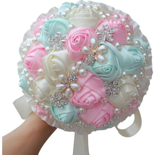 Pink White Ivory Crystals Pearl Beaded Silk Bridal Bouquet Artificial Handmade Roses Wedding Flowers Bride Bouquet De Mariage