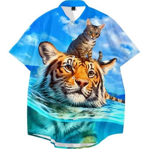 Animal tiger cat Vintage Shirt Hawaiian Short Sleeve Shirt Men New Summer Print Beach Shirts Casual Men Oversized Tops Men 5XL