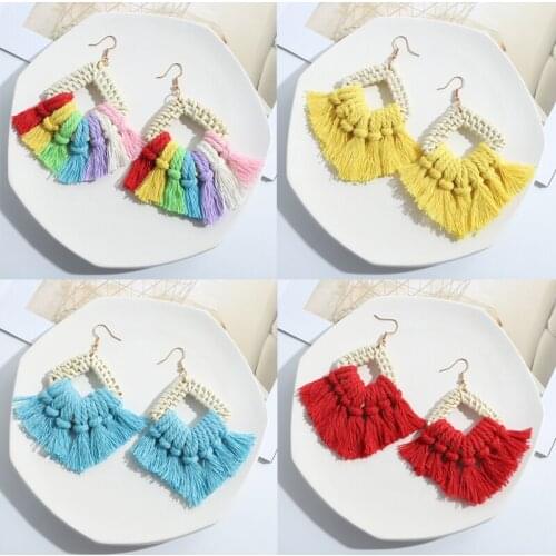 Dvacaman Rainbow Macrame Tassel Earrings Bohemian Handmade Wooden Rattan Cotton Thread Fringed Earrings Statement Female Jewelry