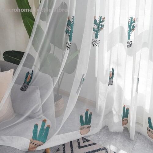 New Spot Green Cactus Succulent Embroidered Curtains Balcony Bay Window Bedroom Living Room Curtains Can Be Customized