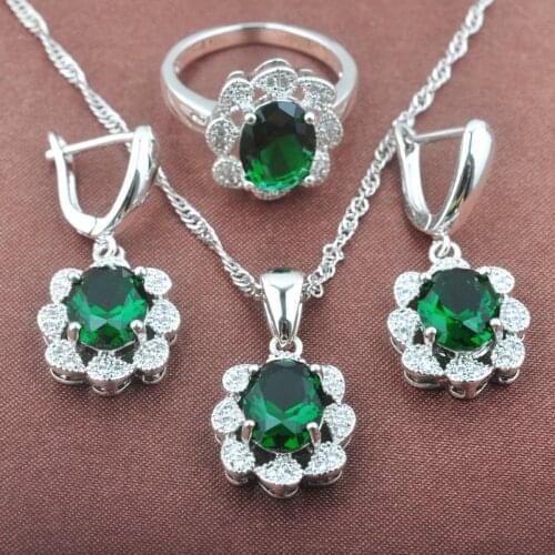 Green Zircon Womens Silver Color Jewelry Sets Crtstal Necklace Pendant Earrings Ring Christmas Gift TZ0401