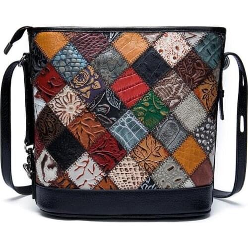 Retro Splicing Bucket Women Bag 2021 Winter Female Handmade Embossing Soft Cowhide Large Capacity Shoulder Crossbody Bags Bolsa