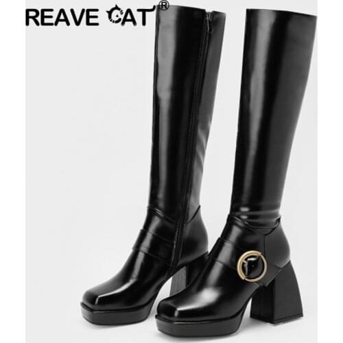 REAVE CAT 2021 Patent Leather Zipper Women Knee High Boots Platform Chunky High Heel Ladies Square Toe Womens Boots Plus S2354