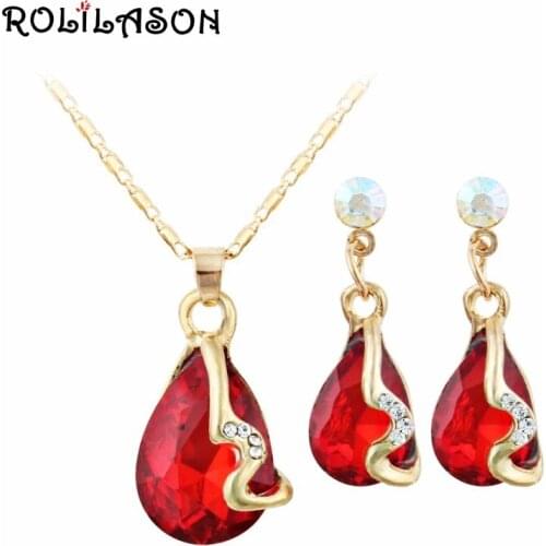 ROLILASON red high-end design gold necklace pendant earrings zircon suit spring carnival gift for mother JS825