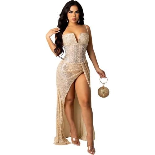 Sparkle Studded Sequins Diamond Maxi Dress Women Sexy Mesh Bodycon Asymmetrical Split Elegant Party Slip Dresses Club Outfits
