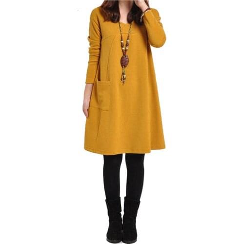 2019 Solid Female Dress Mini O-Neck Dresses For Women Winter Warm Casual Femme Pullover Robe Office Vestidos Camel Plus Size