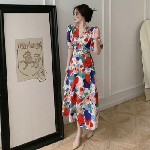Puff sleeve temperament dress Women new fashionsummer 2021 waist waist was thin and floral French V-neck tea break dress trend