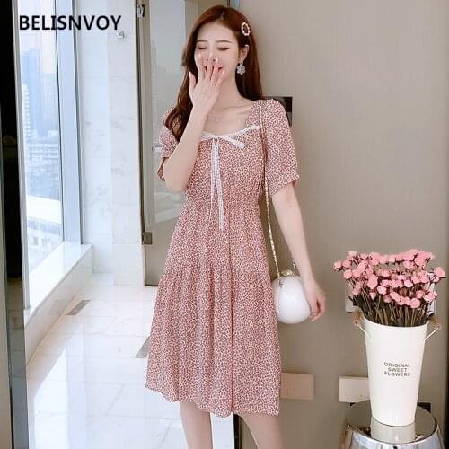 Korean Floral Printed High Waist Chiffon Dresses Women Puff Sleeve Square Collar Bow Lace Up A-line Dress Summer Beach Sundress
