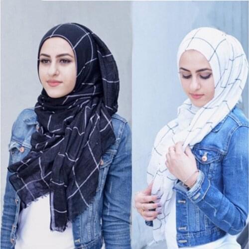 Muslim Headscarf Plaid Striped Cotton Scarf Islamic Malaysian Female Women Cover Scarves 1PC