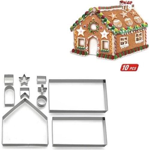 10pcs 3D Christmas House Gingerbread House Cookie Stainless Steel Cutter Set Biscuit Mold Cake Decoration Tools