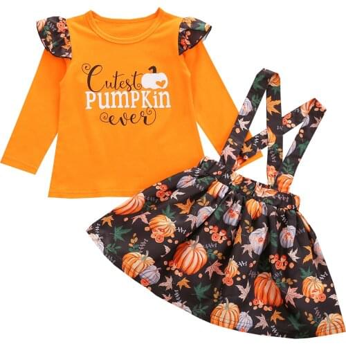 1-6Years Toddler Baby Girl 2Pcs Halloween Clothing Long Sleeve Pumpkin Printed Shirt Top Skirt Outfit Set