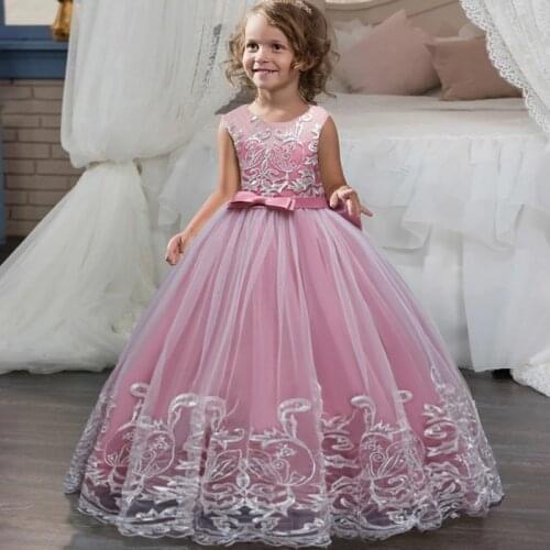 2021 Pageant Girl Dress Wedding Kids Floor Bridesmaid Dresses For Girls Children Costume Lace Princess Retro Embroidery Vestido