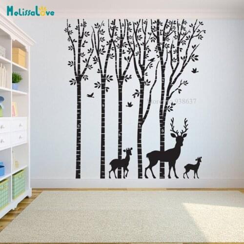 5 Birch Trees Decal With Birds Deer and Baby Deer Family Nursery Decor Birch Sticker Removable Vinyl Wall Stickers BB580