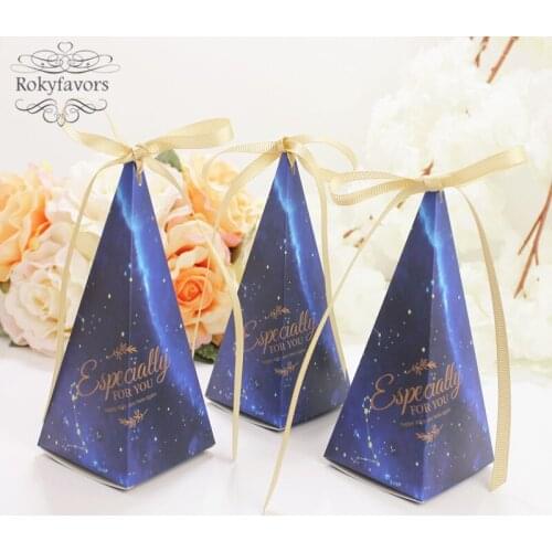 50PCS Pyramid Sky with Star Candy Boxes Birthday Event Party Sweet Holder Bridal Shower Wedding Favors With Ribbon
