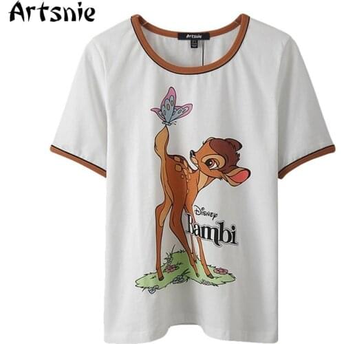 Artsnie Disney Bambi Cartoon T Shirt Women Summer 2021 O Neck Short Sleeve Tops Female Streetwear Casual White Striped T-shirts