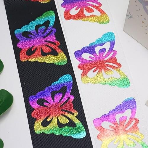 Free shipping 50 yard 3 inch rainbow color heart hologram ribbon foil printed grosgrain ribbon