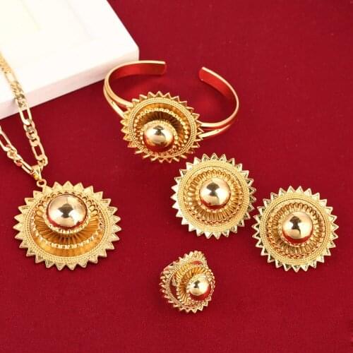 Big Size Ethiopian Bridal Jewelry Earring Necklace Ring Bangle African Gold Set Nigeria Sudan Eritrea Kenya Wedding