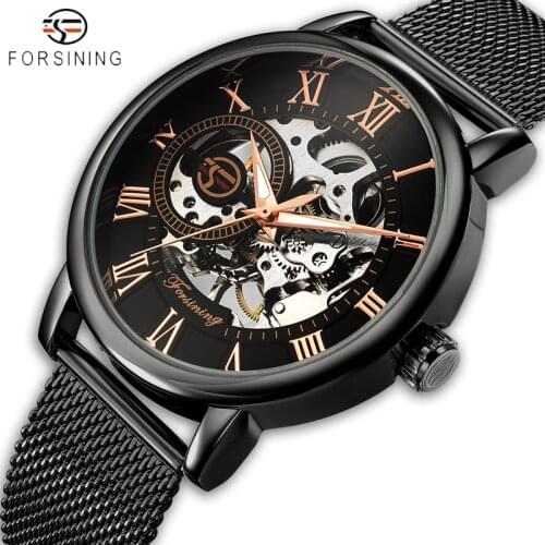2018 FORSINING Men Watches Fashion 3D Logo Engraving Golden Watch Mens Stainless Steel Mechanical Watch Skeleton Male Clock