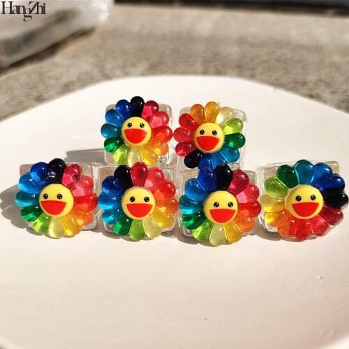 HangZhi 2021 New Korean Rainbow Color Yellow Smiley Happy Face Sunflower Clear Acrylic Big Chunky Square Ring for Women Jewelry