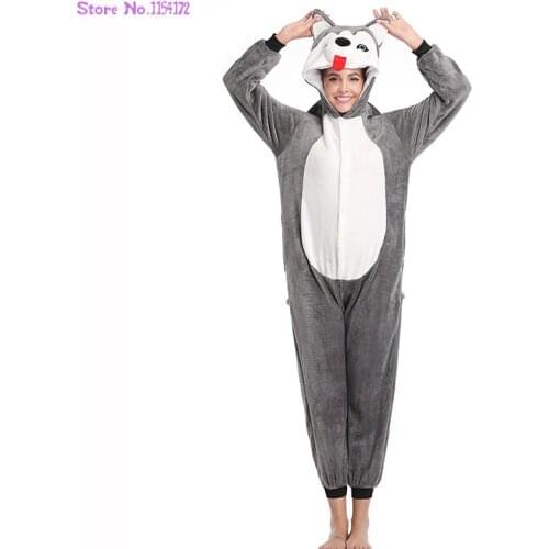 Husky Dog Kigurumi Flannel One-Piece Home Sleep Wear Suit Cosplay Cartoon Pijamas Animal Onesies For Adults Women Girl Pajama