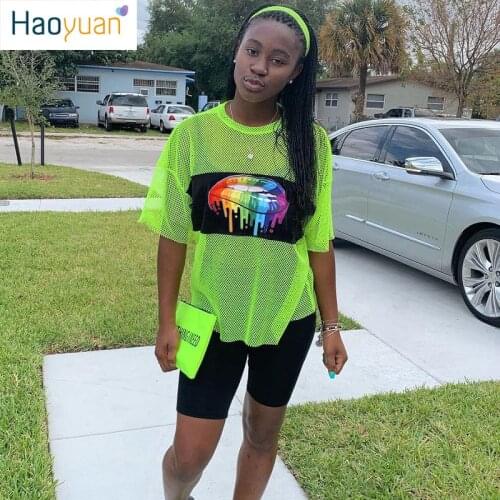 ZOOEFFBB Two Piece Set Women Festival Clothes Club Outfits Lips Neon Fishnet Mesh Sheer Top+Biker Shorts Sexy Matching Sets