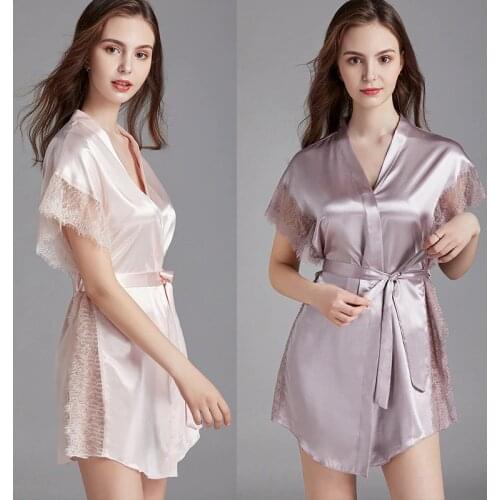Lace Silk Kimono Bathrobe Short Satin Bride Robe Nighties Sleepwear Women Sexy Bridesmaid Nightwear Wedding Dressing Gown