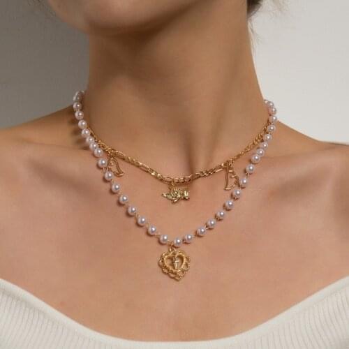 Fashion Elegant Imitation Pearls Angel Heart Cross Pendant Necklace Women Vintage Geometric Chains Clavicle Necklace Jewelry