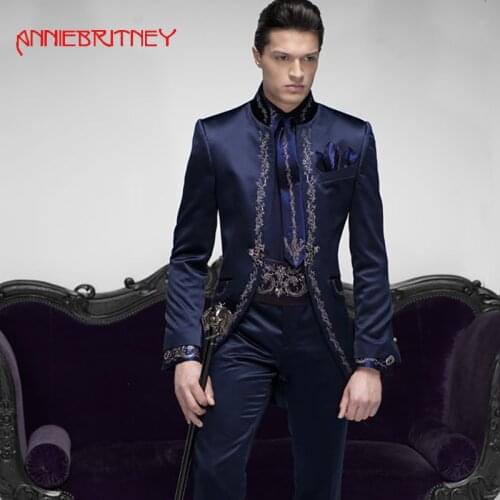 2018 Latest Italian Suit Pattern Side Navy Blue Satin Tailcoat Elegant Man Suits Stand Lapel 3 Piece Vintage Male Blazers Jacket