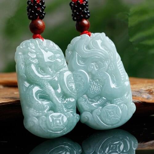 Natural A jade hand-carved dragon brand Dragon and Phoenix jade pendant male necklace chain patron saint jade necklace 2 pieces
