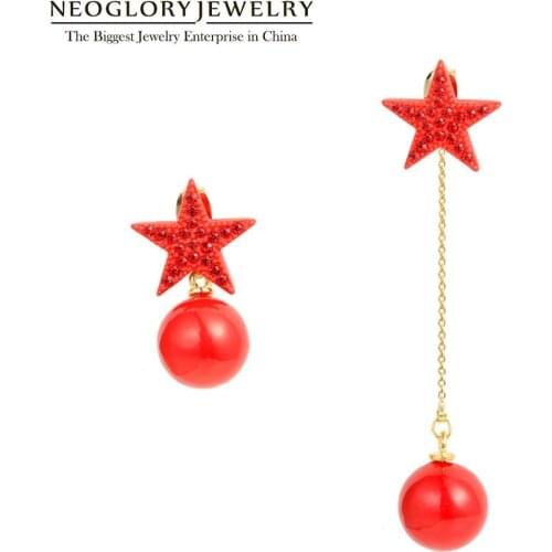 Neoglory Asymmetric Red Star and Ball Crystal Dangle Earrings For Women New Design 2020 Gift for Girlfriend For Party