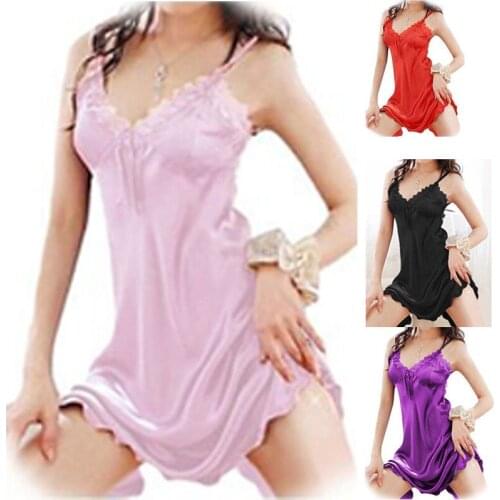 Female Sexy Silk Straps Nightgowns Women Solid Lace Patchwork Sleepshirts One Size