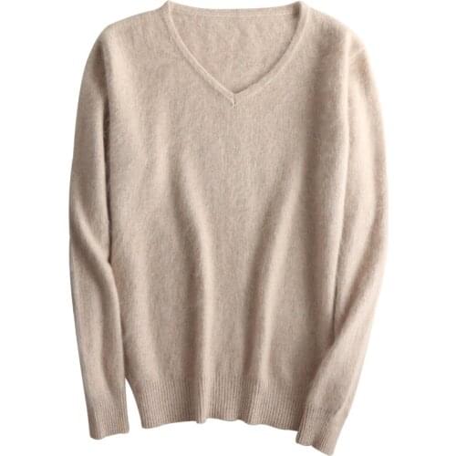 HLICYUM New pure mink cashmere V collar sweater piles of autumn winter womens long-sleeved Solid sweater Wool warm hedging Top