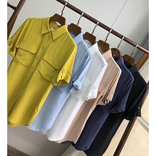 Silk Lapel Solid Color Blouse Shirt With Short Sleeve & Double Pockets - ElfStyle 2020 New Women White/Black/Navy/Pink Shirt Top