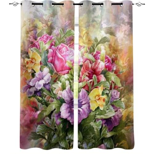 Multicolored Flowers Watercolor Painting Style Window Curtains for Living Room Luxury Kitchen Bedroom Drapes Home Decor