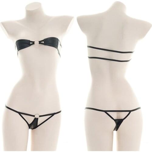 Sexy Lingerie Sexy pu Bikini Female Bra T Pants Sets of Three-point No shoulder straps Leather Cute sexy Women Lingerie